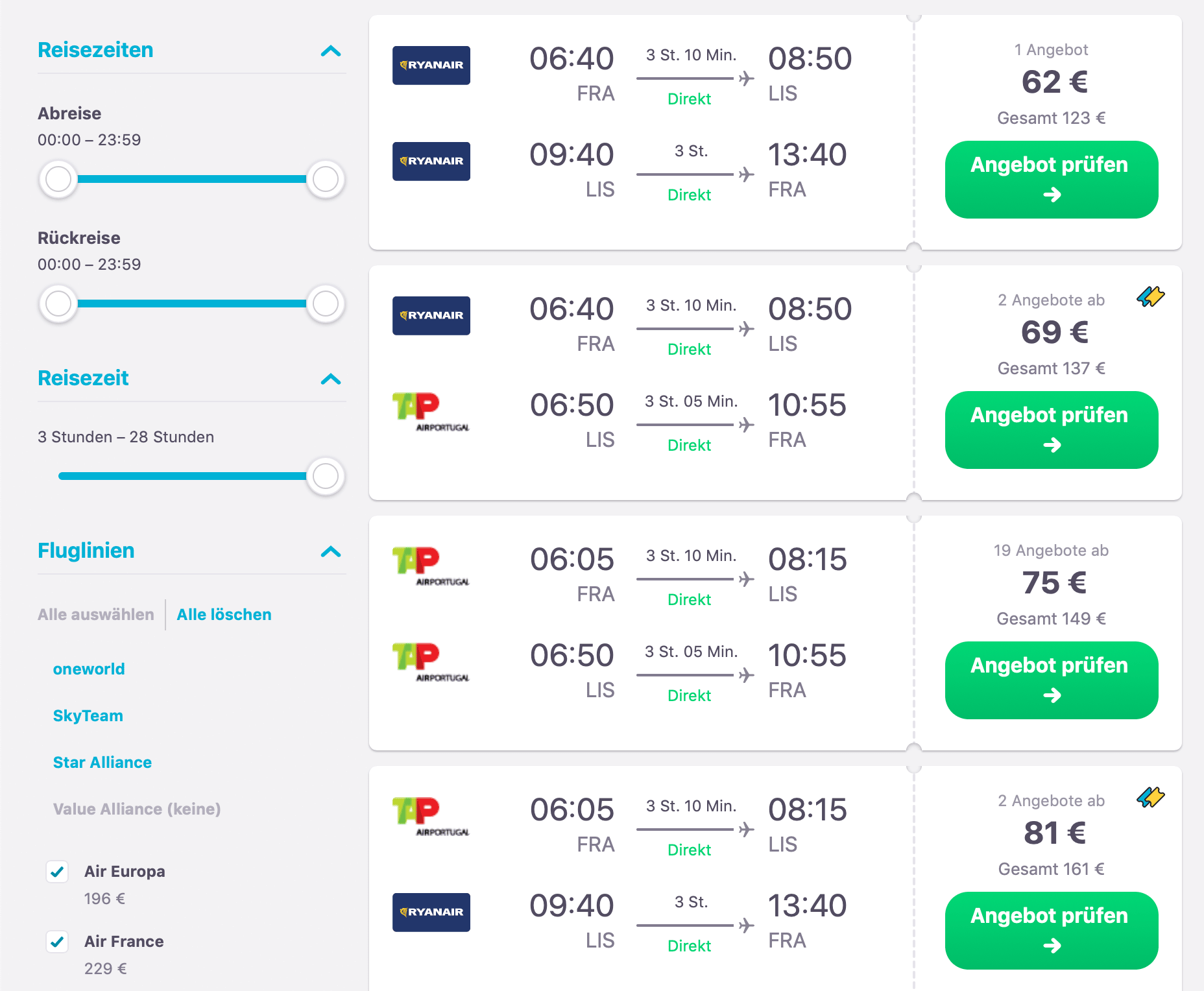 Screenshot von Skyscanner mit Flugpreisen von Frankfurt nach Lissabon mit Ryanair und TAP Portugal
